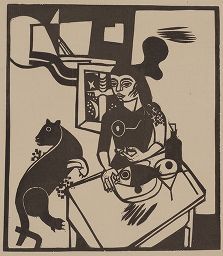 Гравюра На Дереве Campendonk - Am Tisch sitzende Frau mit Katze und Fisch / Woman Sitting at Table with Cat and FIsh