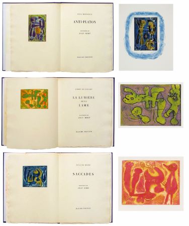 Иллюстрированная Книга Miró - ANTI-PLATON - LA LUMIÈRE DE LA LAME - SACCADES. 3 volumes. 24 EAUX-FORTES AVEC SUITE COMPLÈTE (1962).