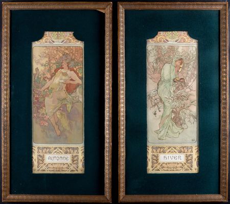 Литография Mucha - Automne & Hiver, 1896 - Set of 2 original decorative lithograph panels - Framed !