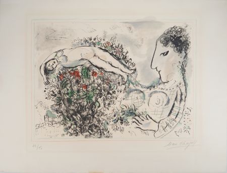 Литография Chagall - Autoportrait au bouquet et nu