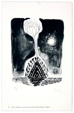 Литография Nørgaard - B. Abre solitaire sur une ile sous le clair de lune, l'espoir