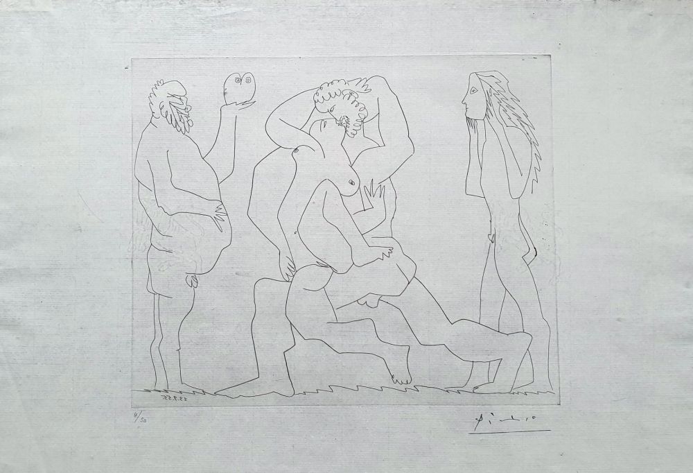 Гравюра Picasso - Bacchanale au hibou et au jeune homme masqué