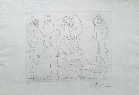 Гравюра Picasso - Bacchanale au hibou et au jeune homme masqué
