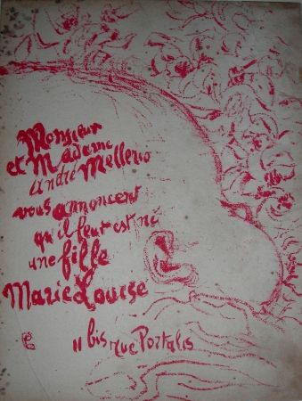 Литография Bonnard -  Billet de naissance de Marie Louise Mellerio