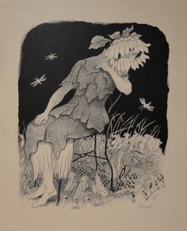 Литография Kreidolf - Blumenmädchen auf Stuhl sitzend, nach links unten zu Heuschrecken, Ameisen und Faltern blickend.