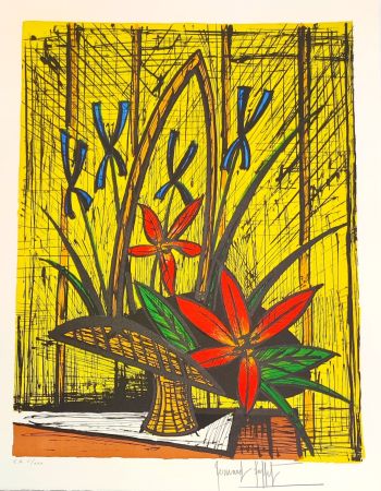 Литография Buffet - Bouquet aux Iris et fleurs rouges 