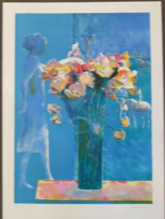 Литография Guiramand - Bouquet de fleurs et femme de profil