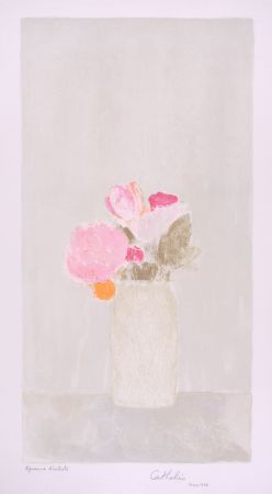 Литография Cathelin - Bouquet de roses au fond gris - Bouquet of roses on a grey background