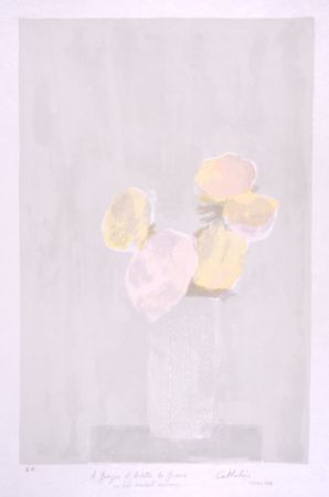 Литография Cathelin - Bouquet rose au fond gris - Pink bouquet on a grey background