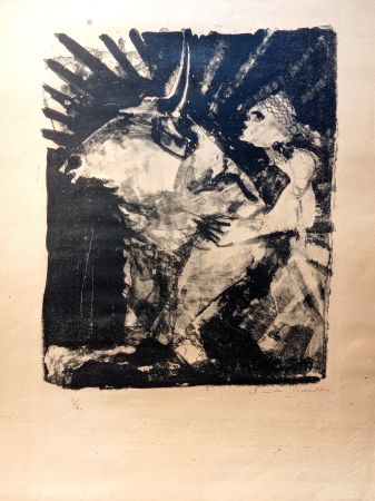 Литография Garache - Boy Riding a Bull, Rare Hand signed Lithograph, cca 40-50's 