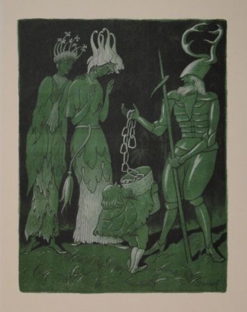 Литография Kreidolf - Brautwerbung. Käfer-Ritter, von einem Zwerg begleitet, wirbt mit einer Kette um das Akelei- und Rapunzel-Fräulein. 