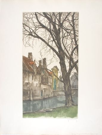 Офорт Hebbelinck - Bruges : Les grands arbres du Béguinage.