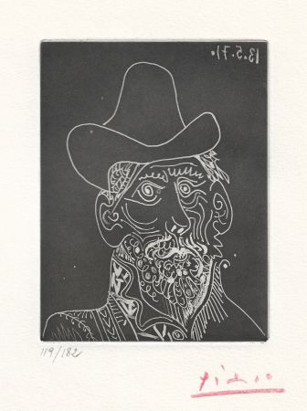 Акватинта Picasso -  Buste d'homme barbu au chapeau 