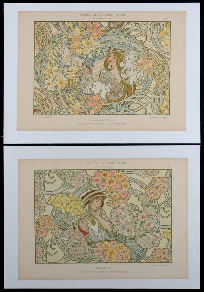 Литография Mucha - Byzantine & Langage des Fleurs, c. 1900 - Rare set of 2 original lithographs!
