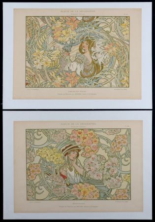 Литография Mucha - Byzantine & Langage des Fleurs, c. 1900 - Rare set of 2 original lithographs!