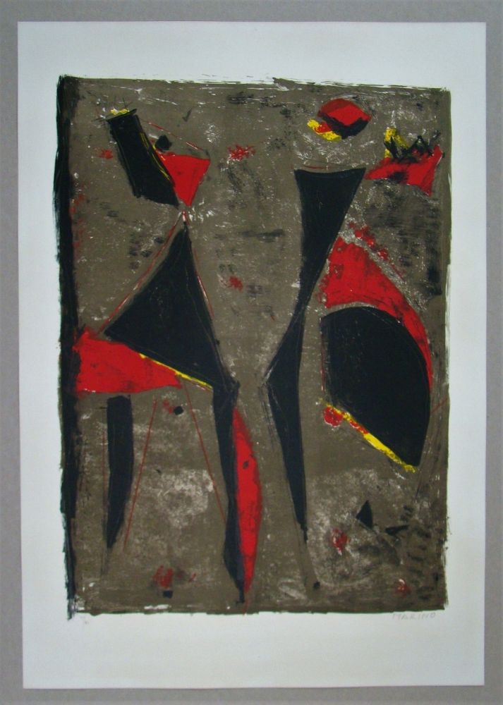 Литография Marini - Cavalier noir et rouge sur fond brun