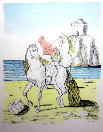 Литография De Chirico - Cavalli con tempio