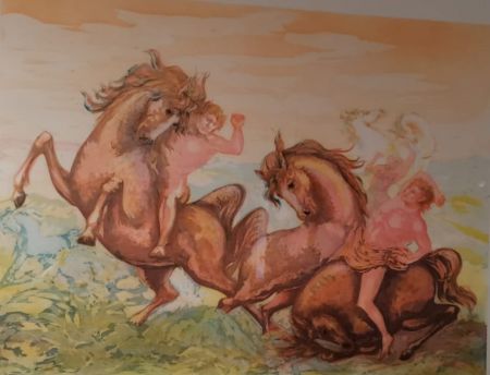 Литография Sassu - Cavalli e cavalieri