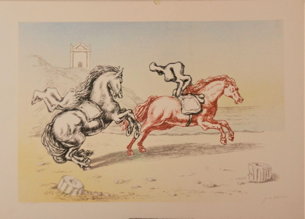 Литография De Chirico - Cavalli sulla riva dell'Egeo
