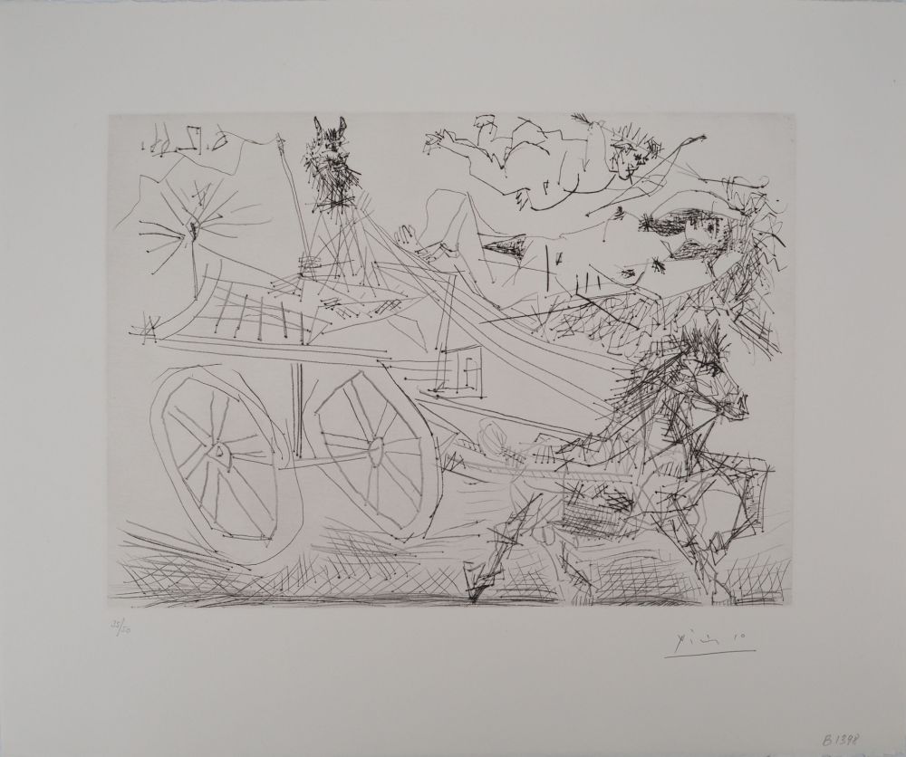 Гравюра Picasso - Charrette foraine conduite par un petit animal, avec nu et amour dans le ciel