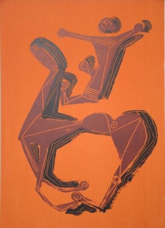 Литография Marini - Cheval et cavalier sur fond orange