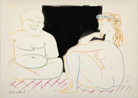 Литография Picasso - Clown & Nude Woman With Flowers, 1954