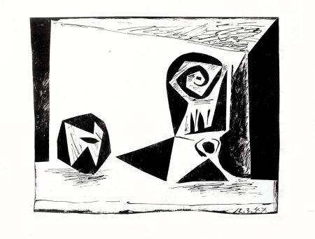Литография Picasso - Composition au verre et à la pomme