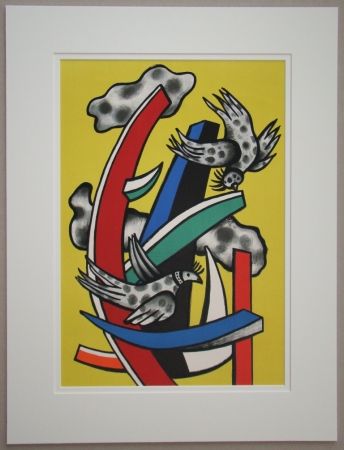 Литография Leger - Composition aux deux oiseaux sur fond jaune, 1955