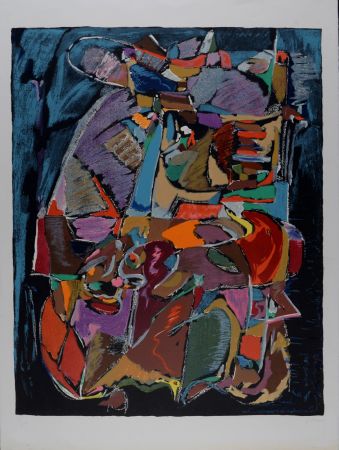 Литография Lanskoy - Composition sur fond bleu, c. 1968 - Hand-signed