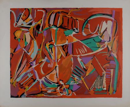 Литография Lanskoy - Composition sur fond rouge, circa 1968 - Hand-signed