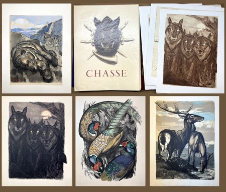 Иллюстрированная Книга Jouve - Comte de Brissac. CHASSE. 17 lithographies + suite + aquarelle originale de PAUL JOUVE (1956)