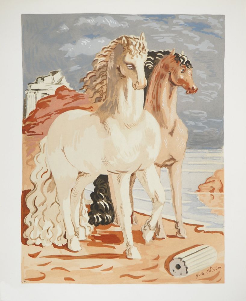 Литография Chirico (De) - Couple de chevaux dans un paysage mythologique, c