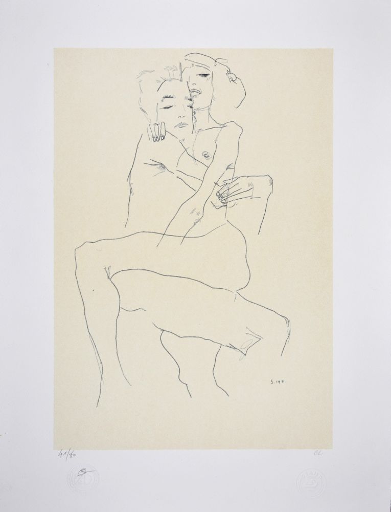 Литография Schiele - Couple enlacé / couple embracing - 1911