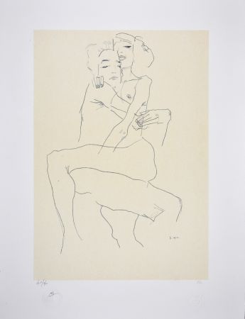 Литография Schiele - Couple enlacé / couple embracing - 1911
