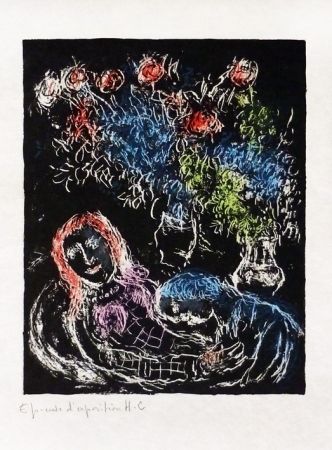Литография Chagall - Couple sur fond noir