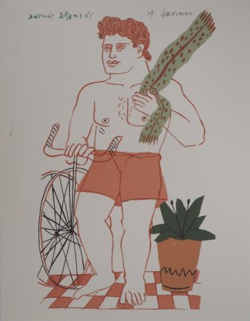 Литография Fassianos - Cycliste à l'écharpe verte
