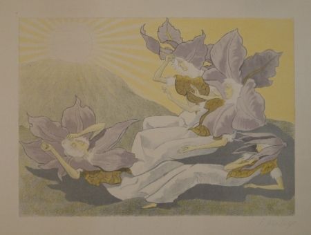 Литография Kreidolf - Der Blumen Erwachen. Vier liegende Clematis-Mädchen erwachen bei der aufgehenden Sonne. 