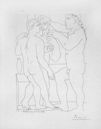 Гравюра Picasso - Deux hommes sculptes - Two male statues - Three Men Standing