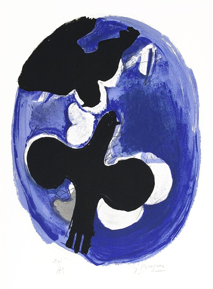 Литография Braque - Deux oiseaux sur fond bleu (Two birds on a blue background)