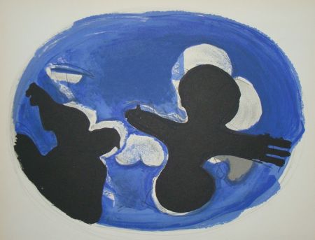 Литография Braque - Deux Oiseaux Sur Fond Bleue
