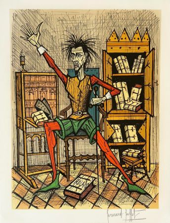 Литография Buffet - Don Quichotte dans la Bibliothèque 