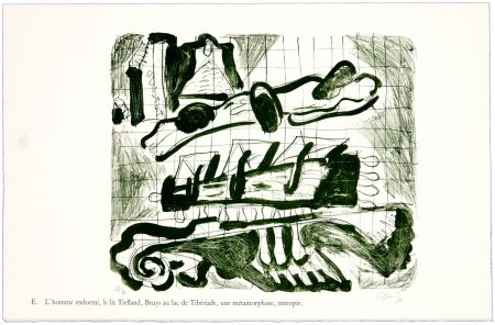 Литография Nørgaard - E. L'homme endormi, le lit Tiefland, Beuys au lac de Tibériade, une méthamorphose, entropie.