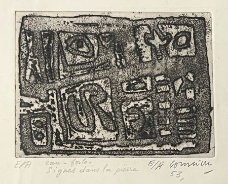 Офорт Corneille - Eau-forte encadrée en couleurs Signes dans la pierre, 1953. Epreuve d'artiste EA