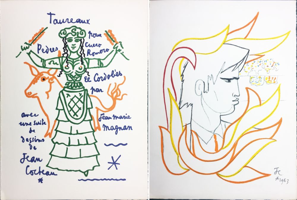 Литография Cocteau - EL CORDOBES (Magnan : Taureaux. 1965). 2 planches.