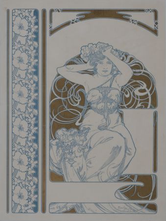 Литография Mucha - Elegante à la couronne de fleurs