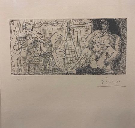 Офорт Picasso - En el atelier, pintor, modelo y espectador