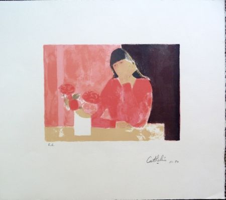 Литография Cathelin - Femme au Bouquet de Roses