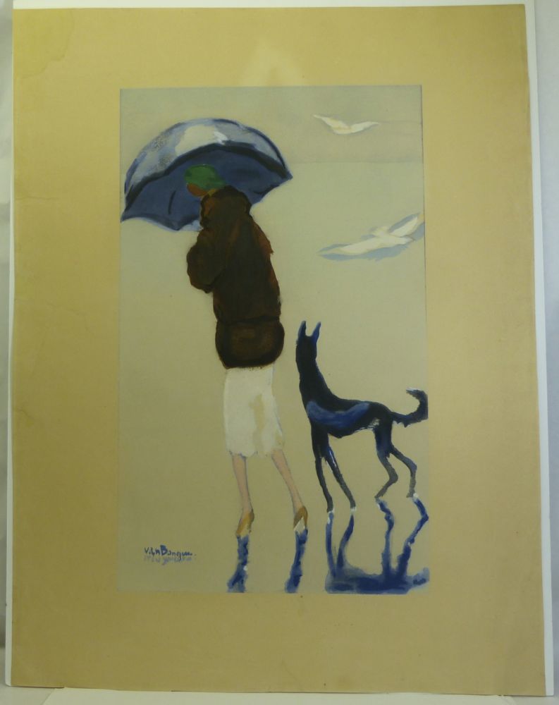 Трафарет Van Dongen - Femme au chien marchant sur la plage.