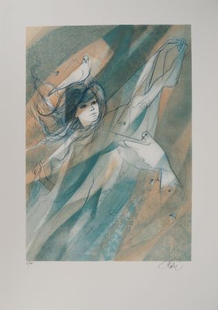 Литография Valadie - Femme aux colombes (le vent)