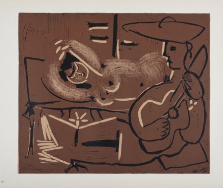Линогравюра Picasso (After) - Femme couchée et guitariste, 1962